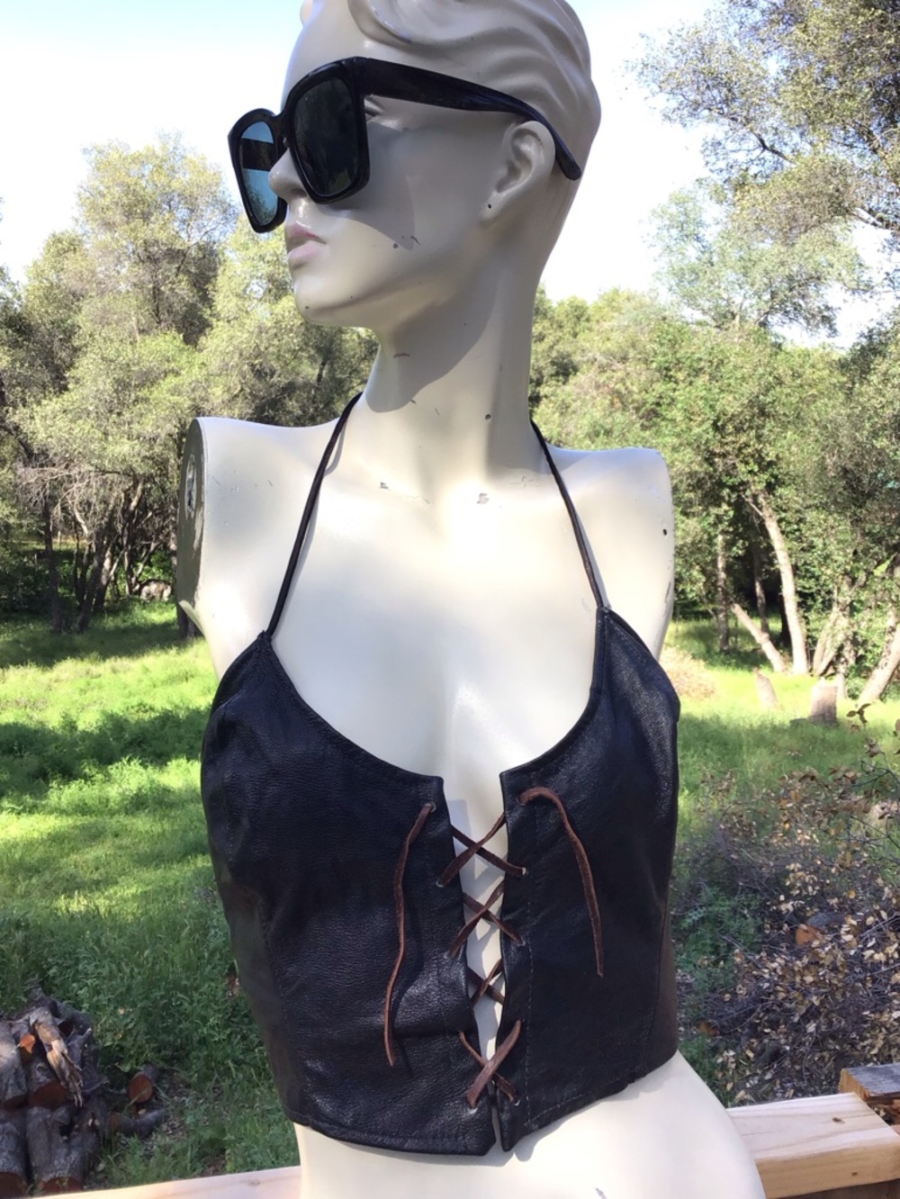 ✨VINTAGE RARE LEATHER Black Lace-Up Halter Crop Top